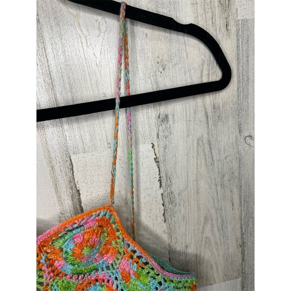 Brenda Thomson Crochet Halter Crop Top Multi Color Beaded Boho Festival Womens - Picture 5 of 8